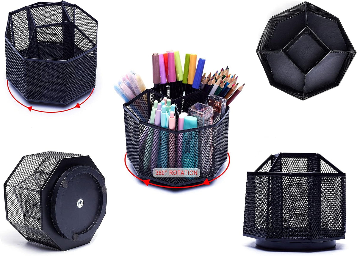Exerz Desk Organizer 360 Rotating Pen Holder 5 Compartments Caddy Black