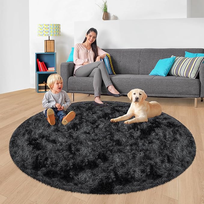 6x6 ft Tie Dye Black Round Rug for Bedroom Room Fluffy Circle Rug Furry Carpet - Image 5