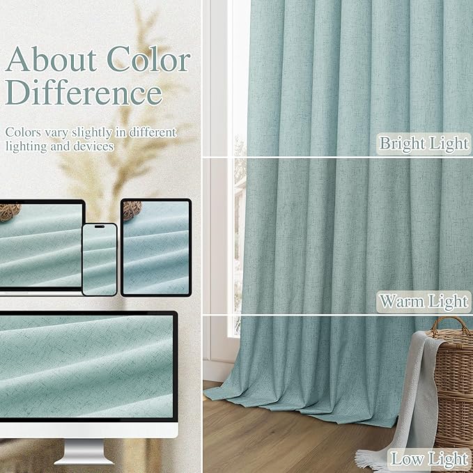 Guken Light Blue 100% Blackout Linen Curtains 100 Inch Length 2 Panels Set - Image 7