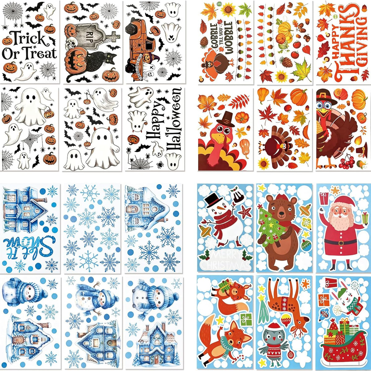 24 Sheets Halloween Thanksgiving Christmas Winter Window Clings Decals Ghost Pumpkin Turkey Santa Claus Snowman Stickers Decor for Indoor Holiday Party Decorations Favors School Home Store Glass Door