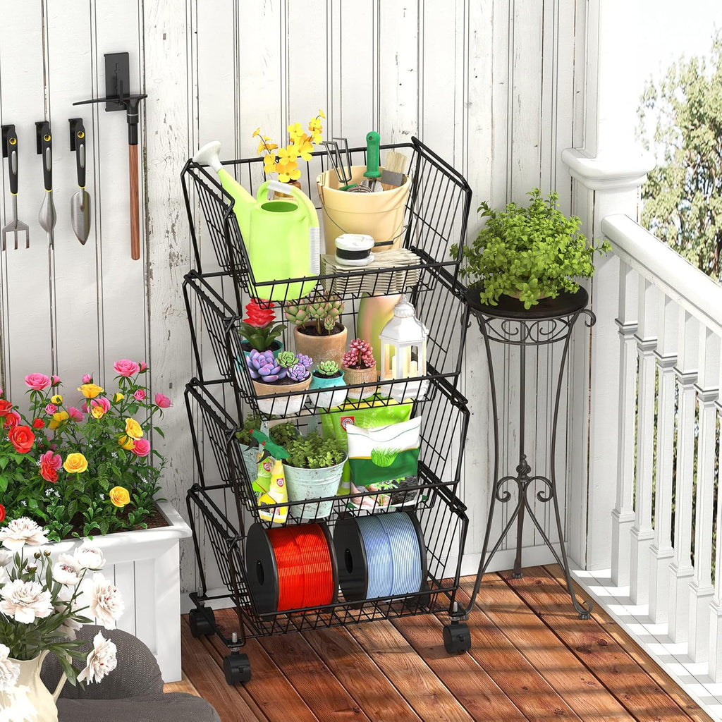PUSDON 4-Tier Spacious Stackable Wire Storage Baskets with Wheels, Metal Rolling Utility Cart, Produce Basket for Pantry, Bathroom Organizer Shelf, Matte Black