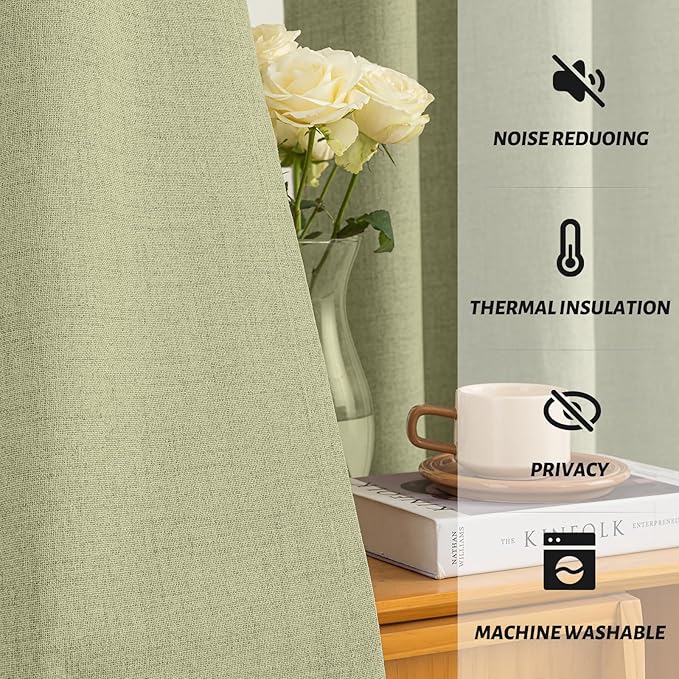 Yakamok Sage Green Linen Curtains 100% Blackout 90 Inches Long, Room Darkening - Image 5