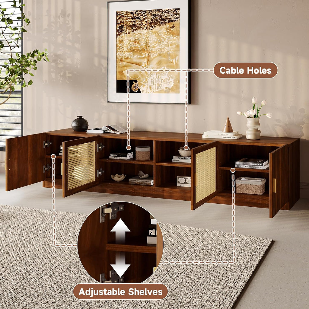 78 Inch Media Console with Fluted & Rattan Doors, Walnut TV Stand for 75–85 Inch TVs, Adjustable Shelves, Sturdy MDF Construction with Cable Management, Retro Entertainment Center for Living Room