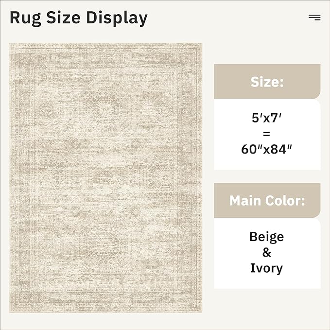 5x7 Area Rugs Beige Low Pile Indoor Washable Trendy Faded Style Rugs - Image 3