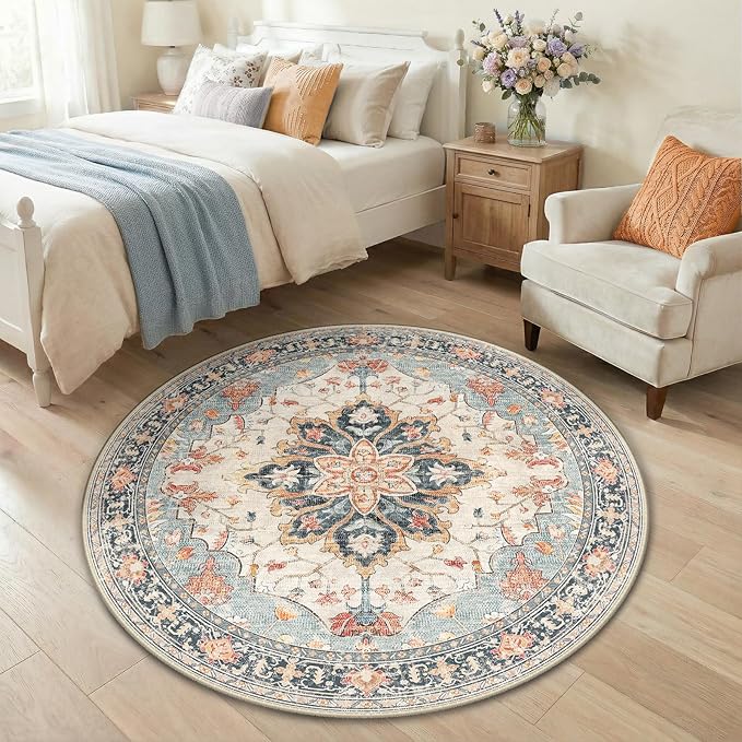 Area Rugs 4ft Washable Non-Slip, Floral Vintage Distress Print Pattern - Image 3