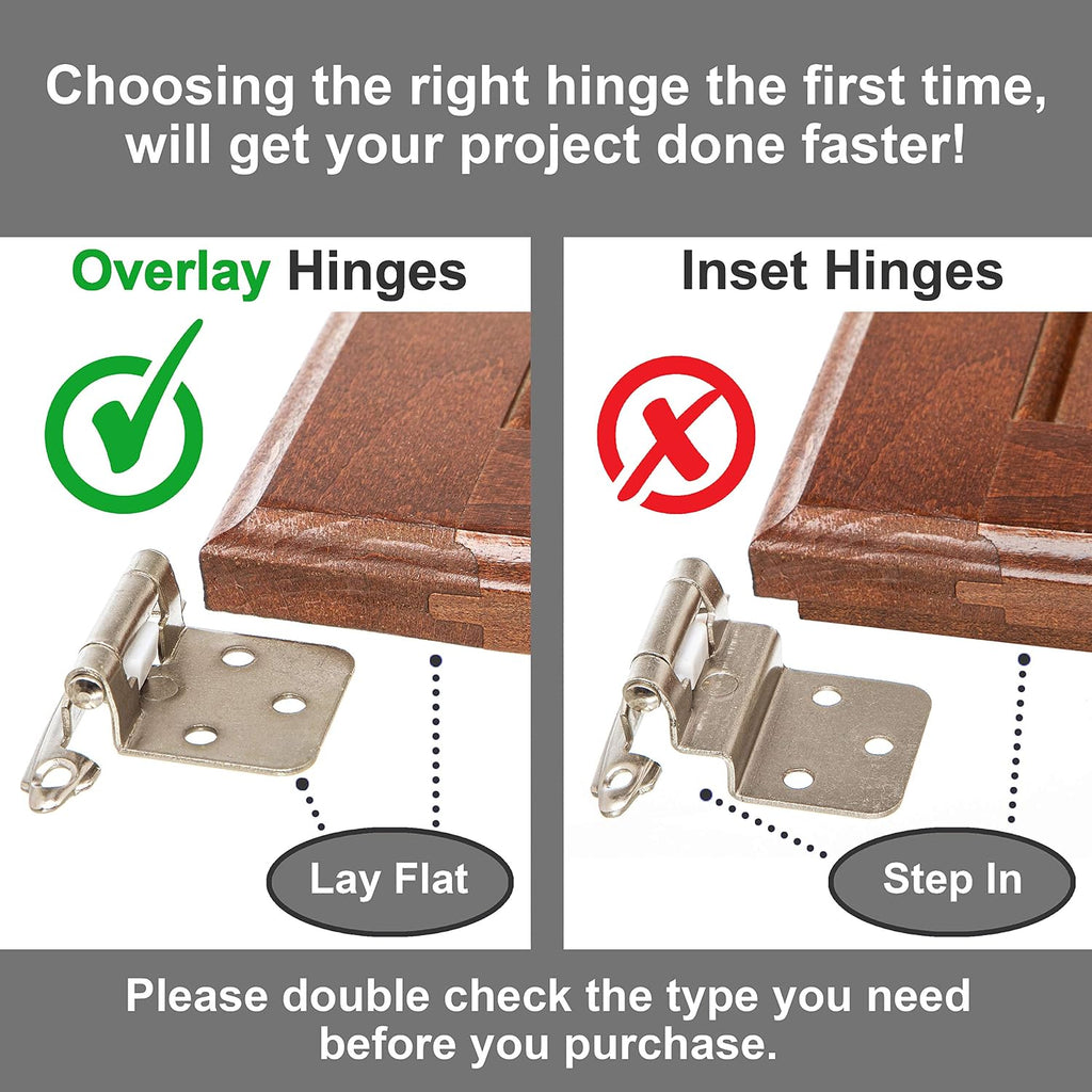 DecoBasics Cabinet Hinges Brushed Nickel for Kitchen Cabinets Doors (10 Pair -20 Pcs) -1/2" Overlay (Variable) -Self Closing Kitchen Cabinet Hinges Flush Mount w/Silicon Bumpers & Hardware Screws