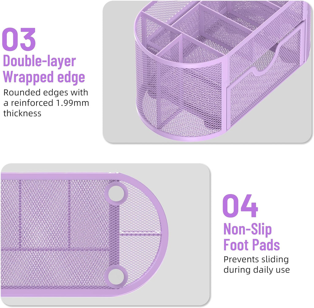 Mesh Desk Organizer with Drawer, 9-Compartment Pen Holder for Desk, Purple
