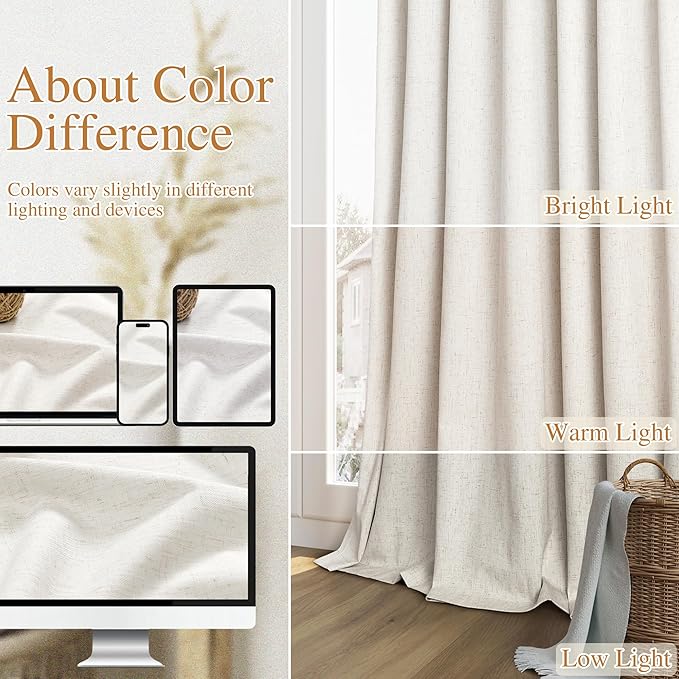 Beige White 100% Blackout Linen Curtains 120 Inch Length 2 Panels Set - Image 7