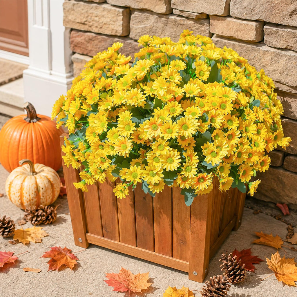 Daisy Artificial Flowers for Outdoors Fall Autumn Decoration, 6 Bundles Fake Mums Yellow Silk Flowers for Outside Look Real UV Resistant Faux Flowers Plants for Planter Front Door Home Indoor Porch