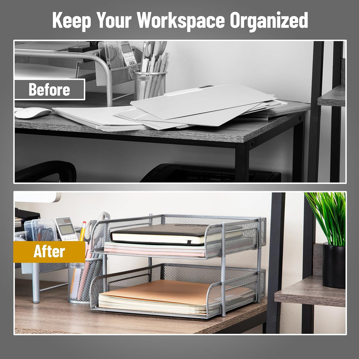 Mind Reader Stackable Paper Tray, Desktop Organizer, File Storage, Office, Metal Mesh, 2 Pc, Silver