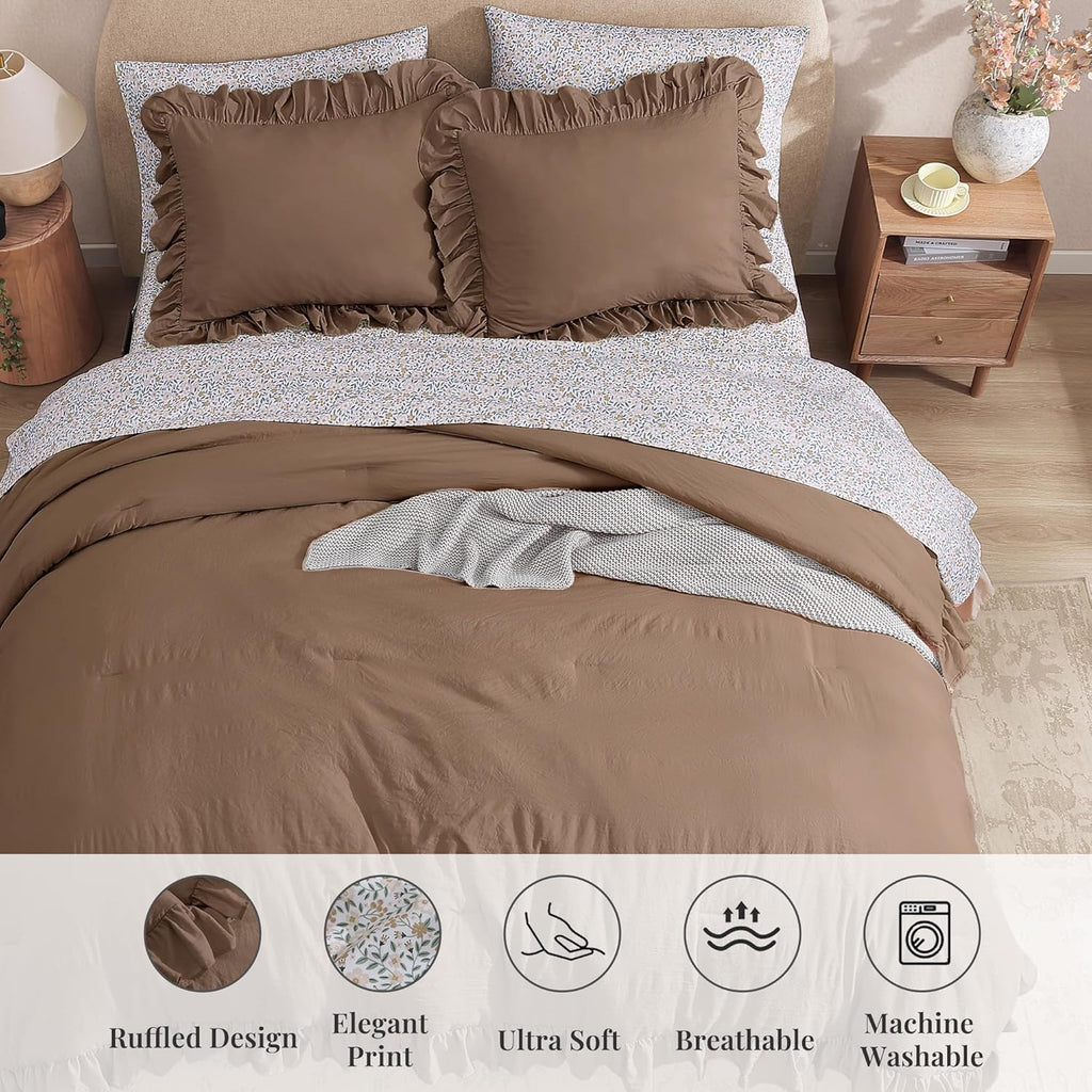BLOOMHAVEN Queen Comforter Set-7 Pieces Ruffle Bedding with Floral Sheet