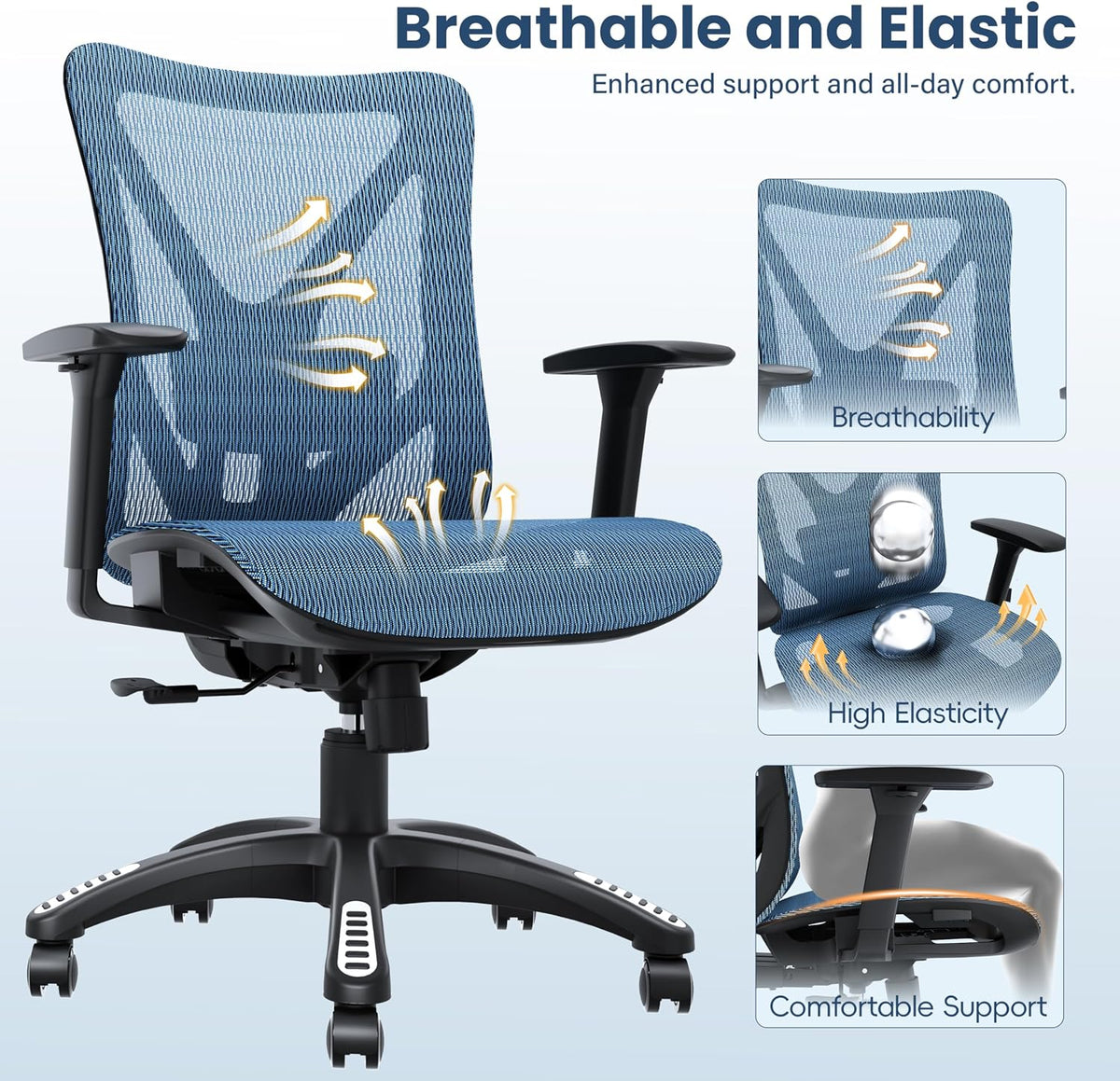 Ergonomic Office Chair, Mesh Computer Desk Chairs with BIFMA X5.1 Certified, Adjustable Lumbar Support, 3D Arm, Tilt Back, Wide Seat, Comfy Swivel Work Task Chair for Company and Home (Azure Blue)