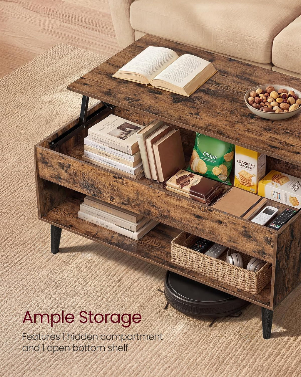 VASAGLE Lift Top Coffee Table with Hidden Storage, Gas Spring