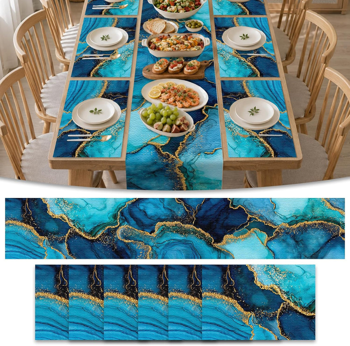 Nuxovilar Blue Gold Ink Table Runner Placemats Linen Set