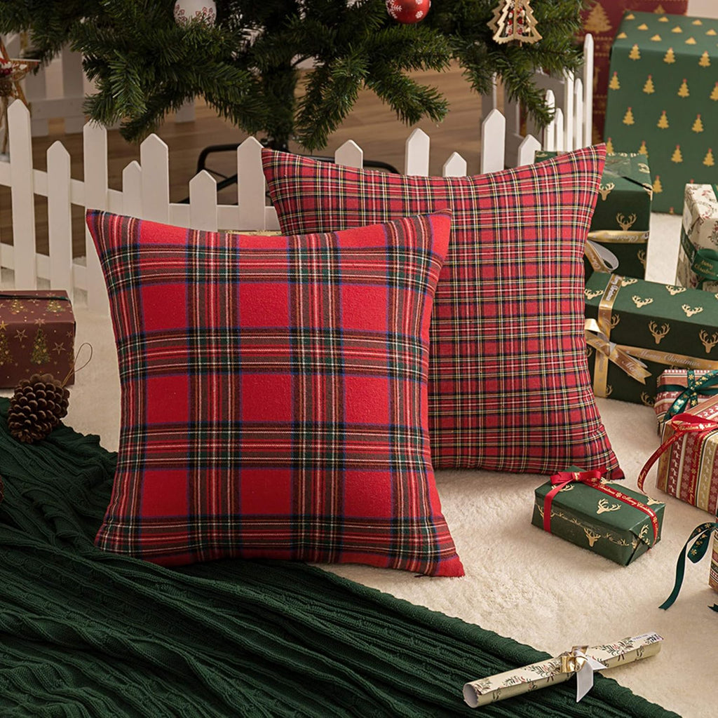 AQOTHES Christmas Plaid Decorative Throw Pillow Covers Red 18x18 Inches