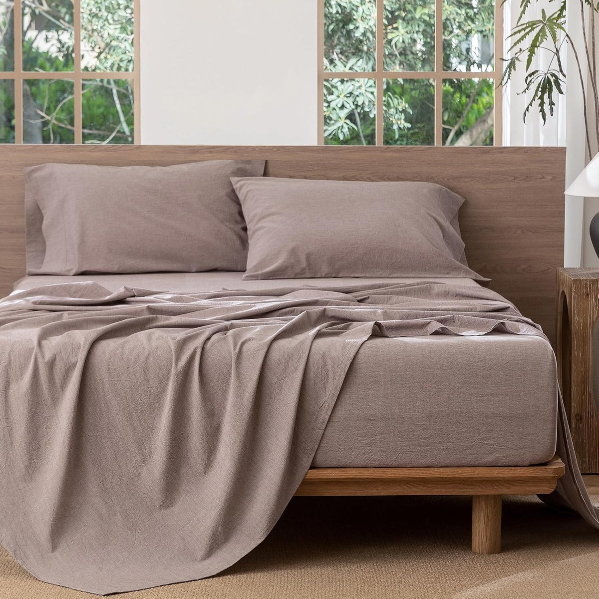 MooMee Sheet Set 100% Washed Cotton Linen-Like Extra Deep Pocket Queen