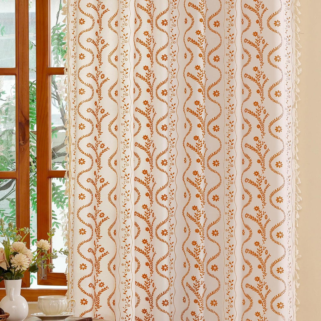 Beige Boho Curtains, Terracotta Curtains 84 Inches Long 2 Panels