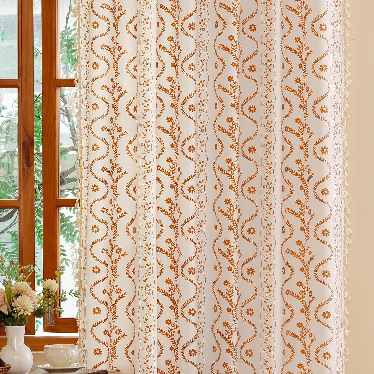 Beige Boho Curtains, Terracotta Curtains 84 Inches Long 2 Panels