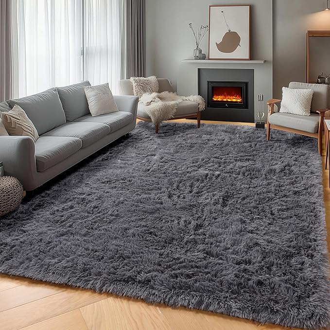 ONASAR Grey Area Rugs for Living Room, 5x8 Gray Fluffy Shag Bedroom Rug by ONASAR