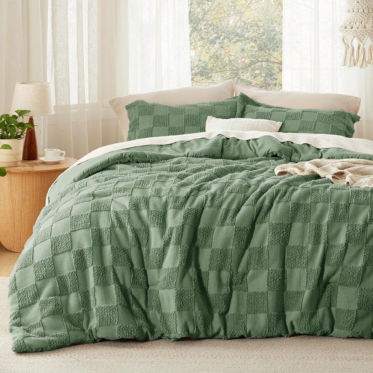 Bedsure Green Plaid Comforters Queen Set, Vintage Boho Bedding Set 3 Pcs
