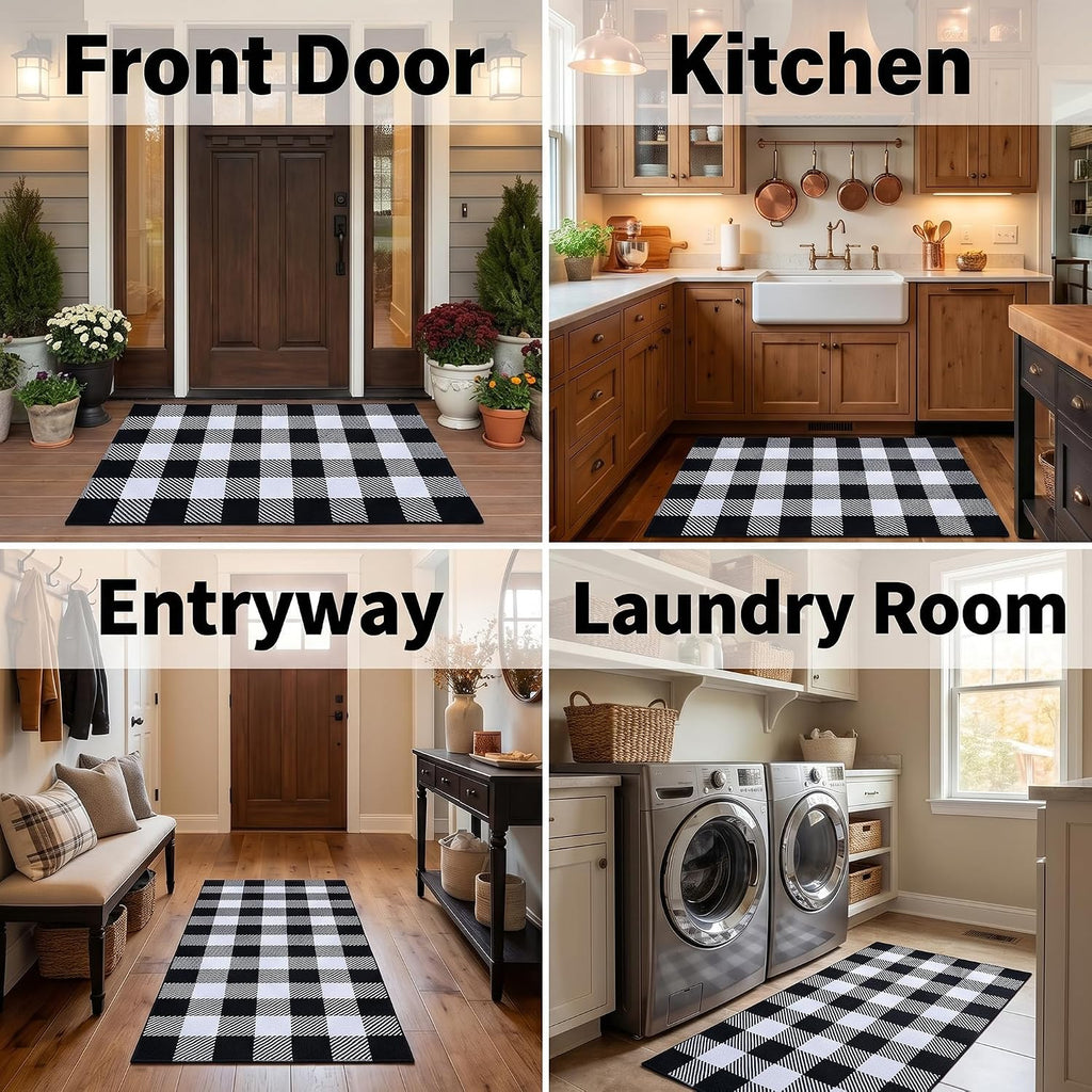 Black and White Buffalo Plaid Rug 3’x 5’, Halloween Door Mat, Washable Layering Rug for Front Door Entryway Porch Indoor Outdoor