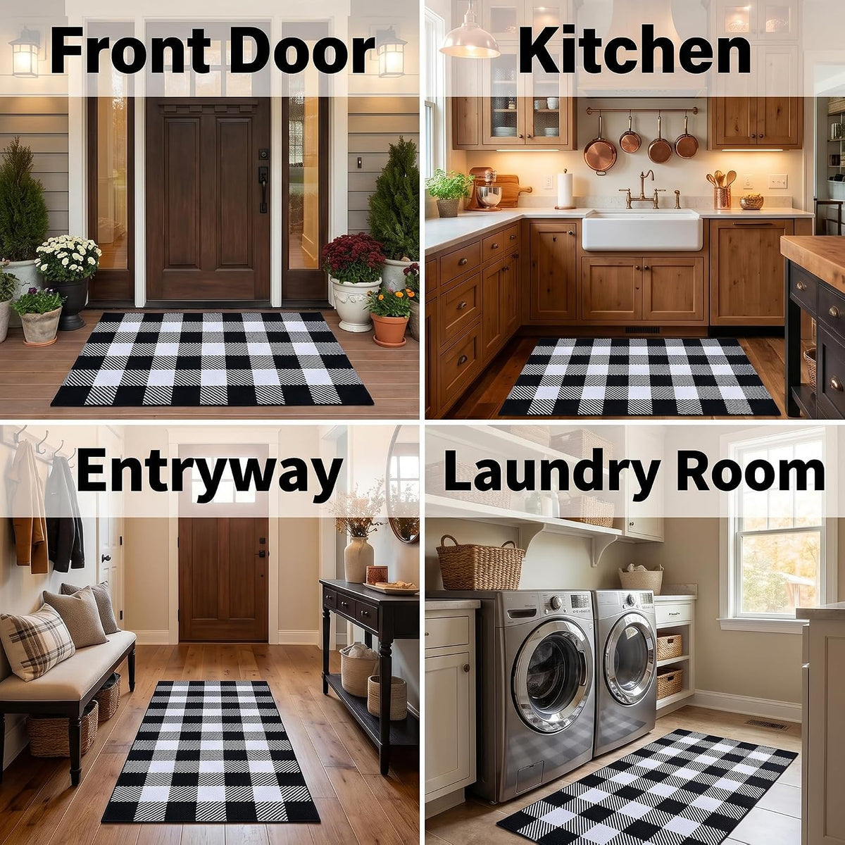 Black and White Buffalo Plaid Rug 3’x 5’, Halloween Door Mat, Washable Layering Rug for Front Door Entryway Porch Indoor Outdoor