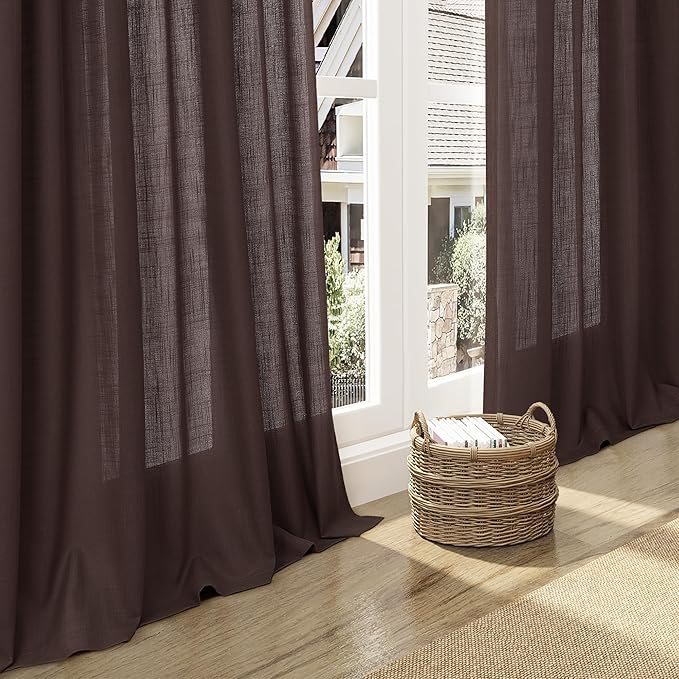 Coffee Linen Semi Sheer Curtains 120 Inches Long 2 Panels Set Back Tab Loop - Image 6