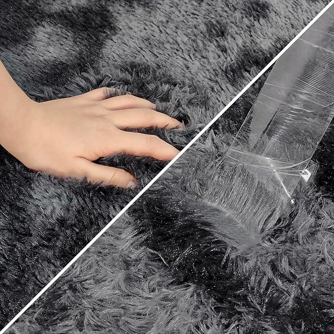 Tie-Dyed Runner Rug for Bedroom Black Grey 2x6ft Fluffy Area Rug Bedside Runner - Image 6