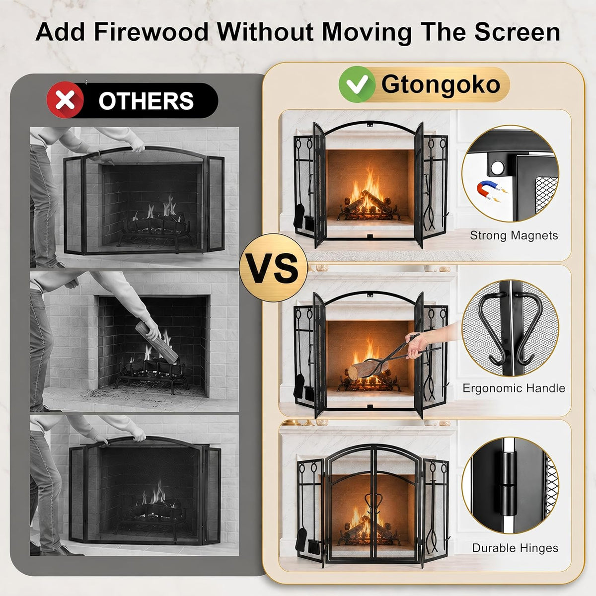 3 Panel Fireplace Screen with Doors & 4-Pcs Fireplace Tools Set