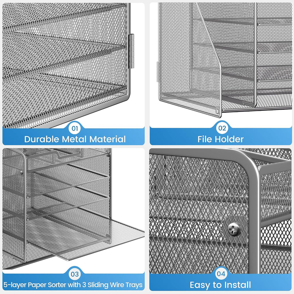 5-Tier Metal Mesh Desk Organizer with File Holder & 7 Customizable Compartments | Paper Letter Tray for Office or Home Desk Storage | Keep Workspace Supplies Neat & Organized, Silver