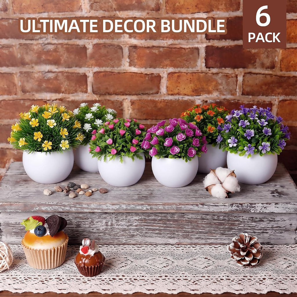 6 Pack Small Artificial Flowers in Pots, Realistic Faux Fake Potted Plants