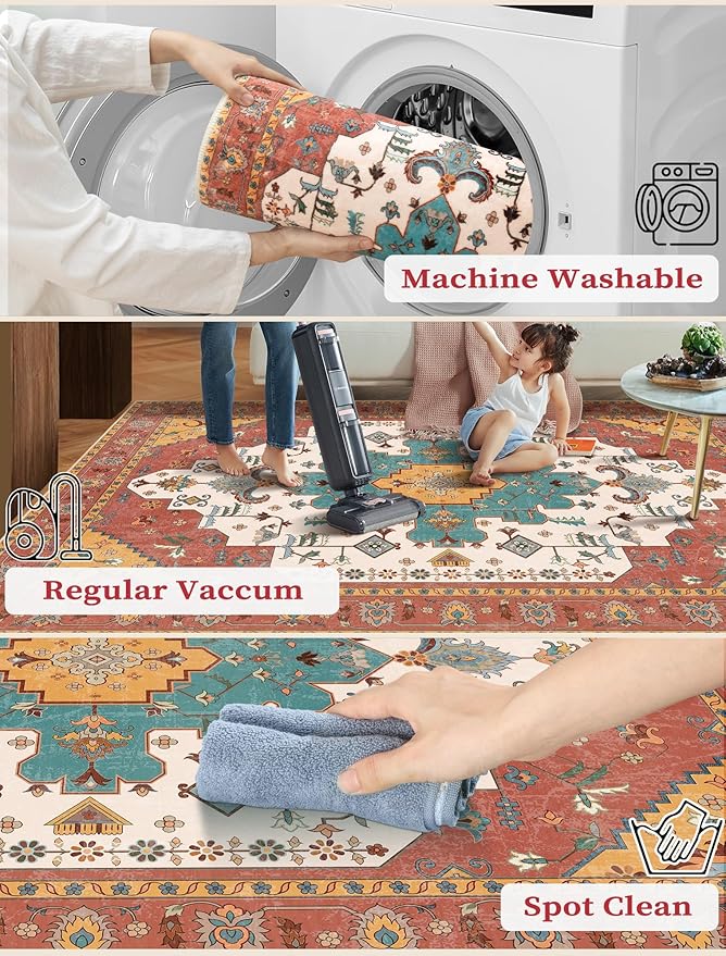 SERISSA Boho Washable Runner Rug, 2x6 Rug Non-Slip Vintage Orange Hallway - Image 2