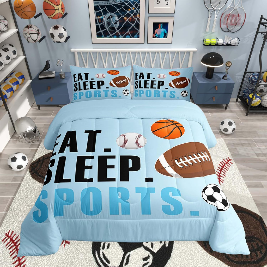 Feelyou Football Comforter Set Twin Size Kids Basketball Baseball Soccer Comforter for Boys Girls Sports Theme Bedding Set Breathable Soft Navy Blue Duvet Quilted Ball Game Room Decor