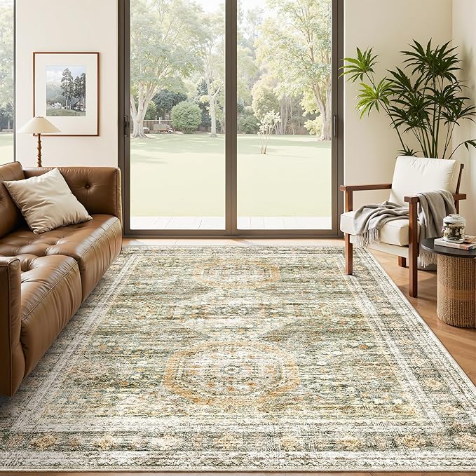 5x7 Area Rugs Green Orange Low Pile Indoor Washable Trendy Faded Style Rugs by Soalmost
