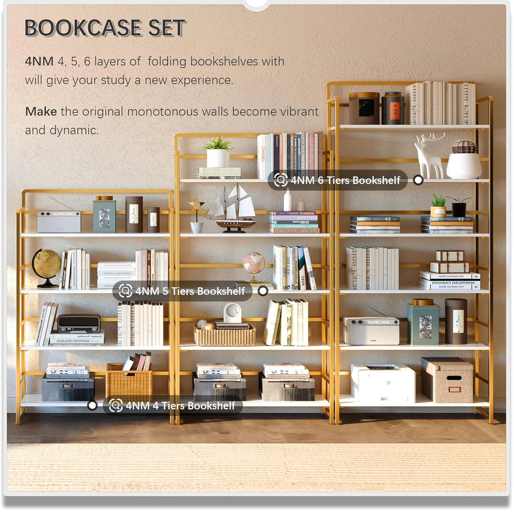 4NM No Assembly Extra Wide 4 Tier Folding Bookshelf Storage Shelves Vintage Bookcase Standing Racks for Bedroom Living Room Home Office