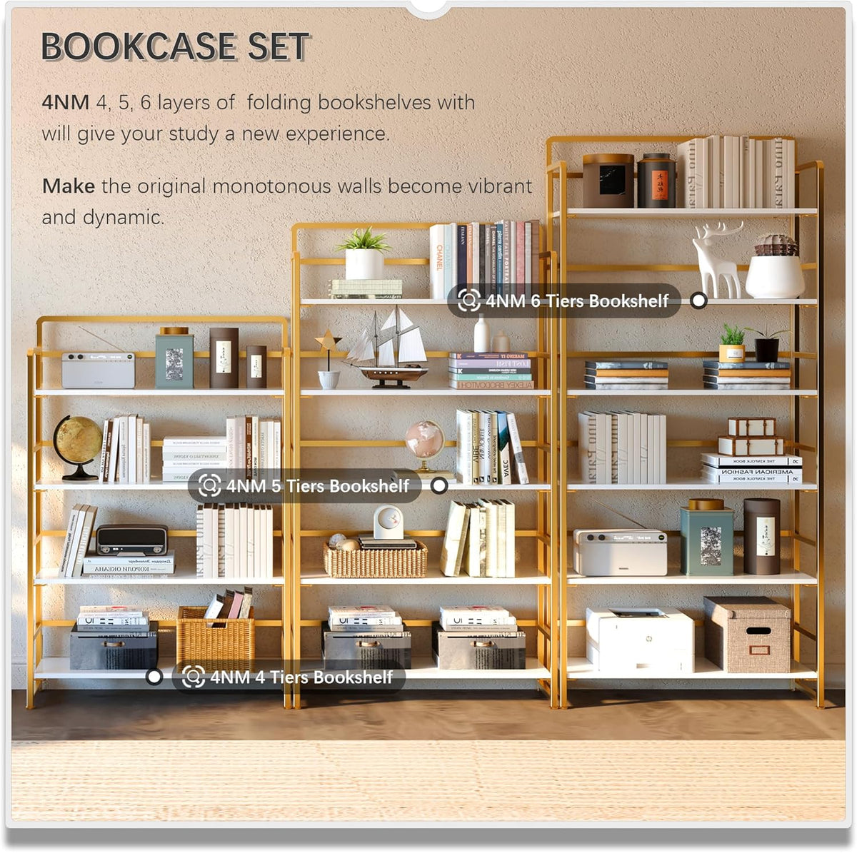 4NM No Assembly Extra Wide 4 Tier Folding Bookshelf Storage Shelves Vintage Bookcase Standing Racks for Bedroom Living Room Home Office