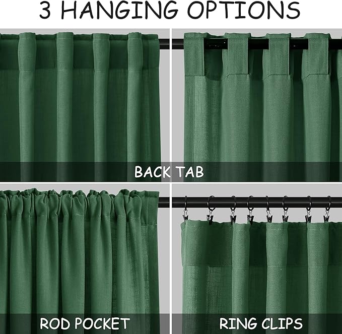 Green Semi Sheer Curtains 120 Inches Long 2 Panels Set Back Tab Loop Pocket - Image 3