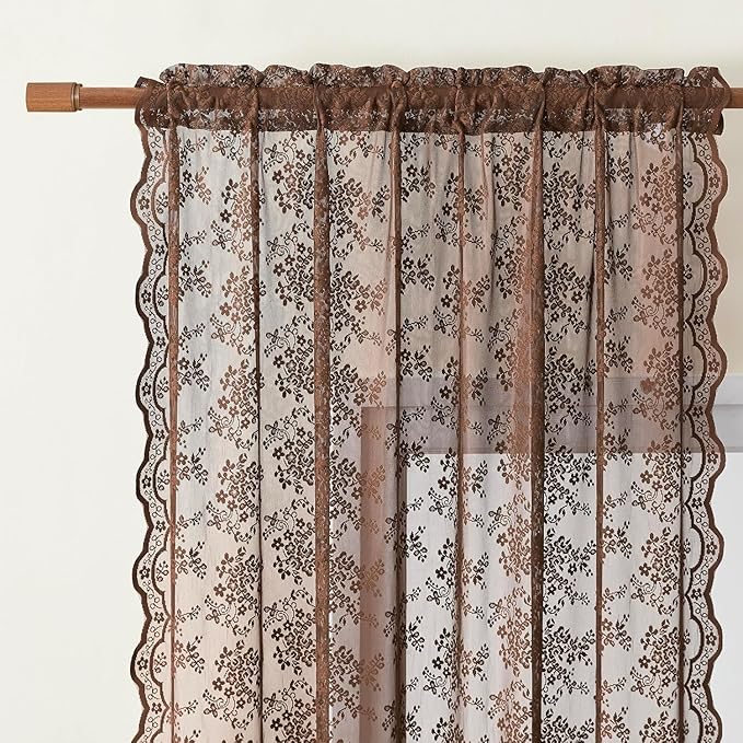 YJ YANJUN Vintage Lace Curtains 108 Inches Long-Victorian Floral Pattern Brown - Image 4