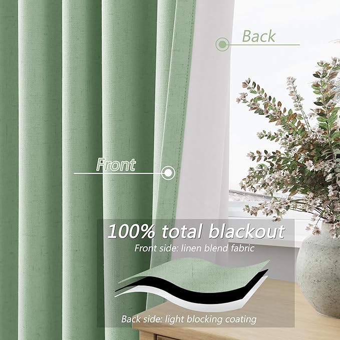 Aqua Green 100% Blackout Linen Curtains 96 Inch Length 2 Panels Set - Image 4