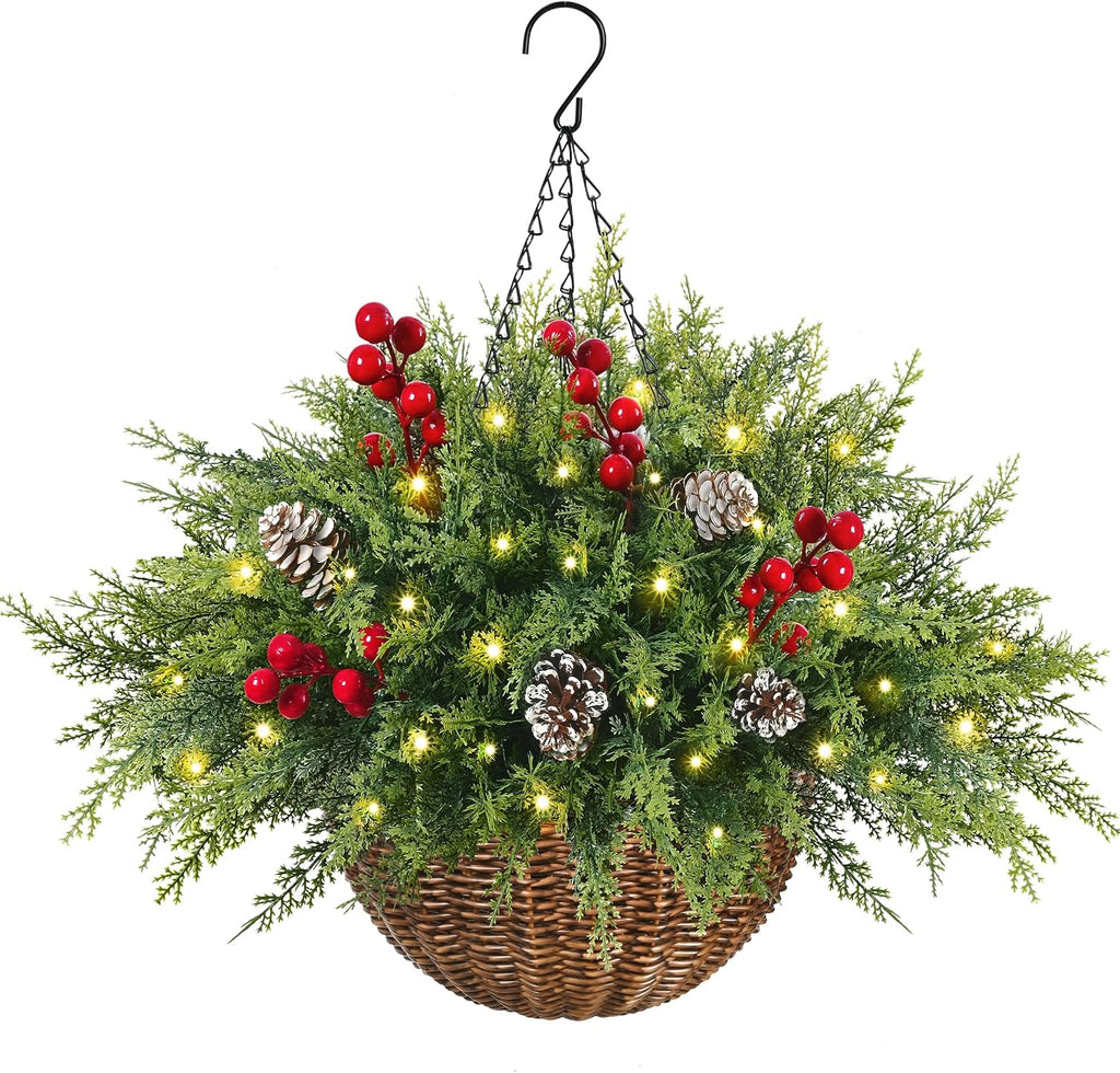 Artificial Cedar Christmas Hanging Baskets for Outdoor with Berry & PineCones, Winter Hanging Baskets with Lights, Artificial Xmas Greenery for Front Porch Patio Outside Urn Fillers Winter Decor
