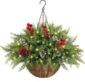 Artificial Cedar Christmas Hanging Baskets for Outdoor with Berry & PineCones, Winter Hanging Baskets with Lights, Artificial Xmas Greenery for Front Porch Patio Outside Urn Fillers Winter Decor