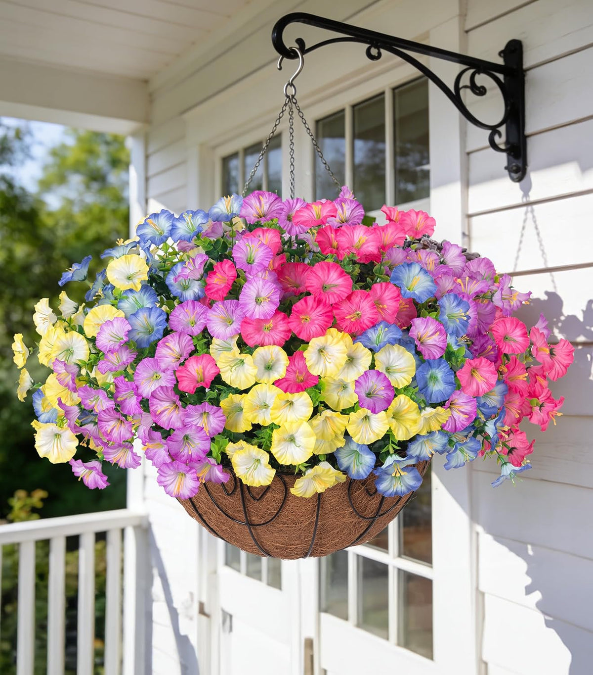 Ivydale Artificial Silk Hanging Plants Flowers Basket for Outdoor Outside Summer Decoration, Fake Faux UV Sun Resistant Look Real Morning Glory Fuchsia for Porch Patio Balcony Home