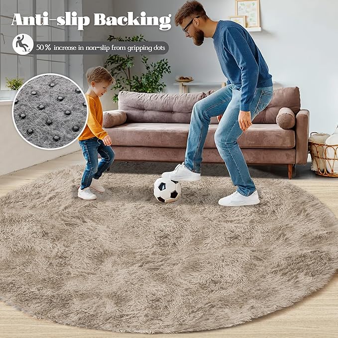Camel Round Rugs for Bedroom: 4ft Circle Fluffy Shag Soft Washable Rug Small - Image 5