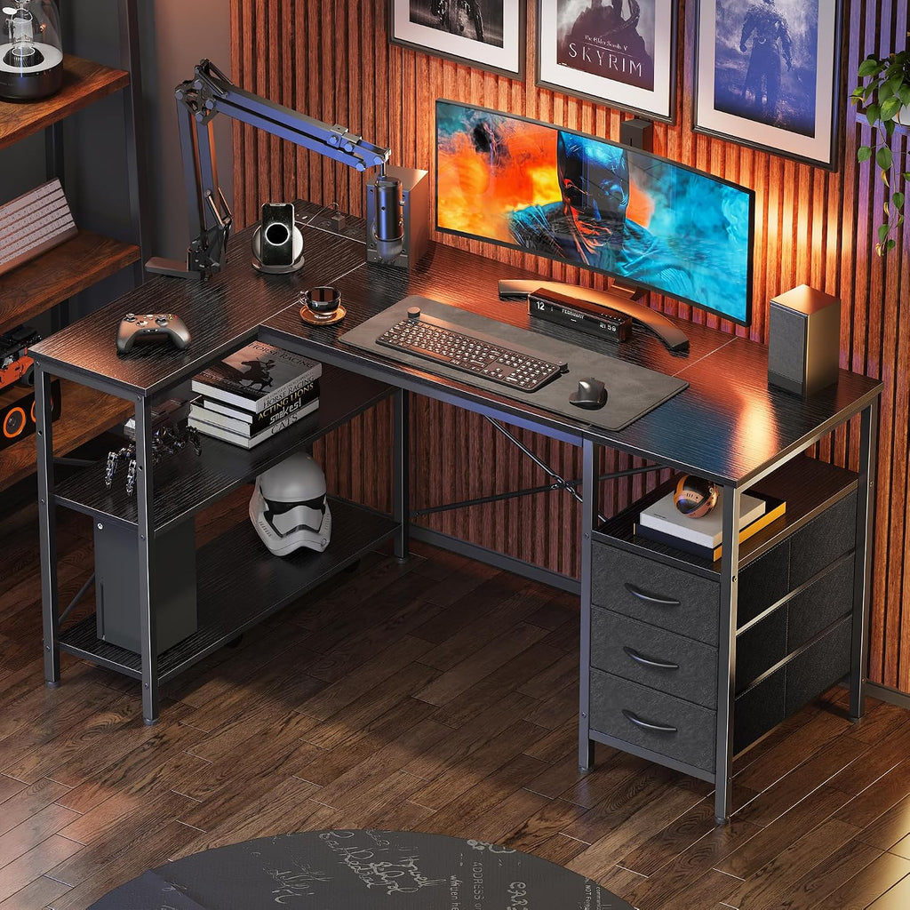 Huuger L Shaped Office Desk with Power Outlets & 3 Drawers