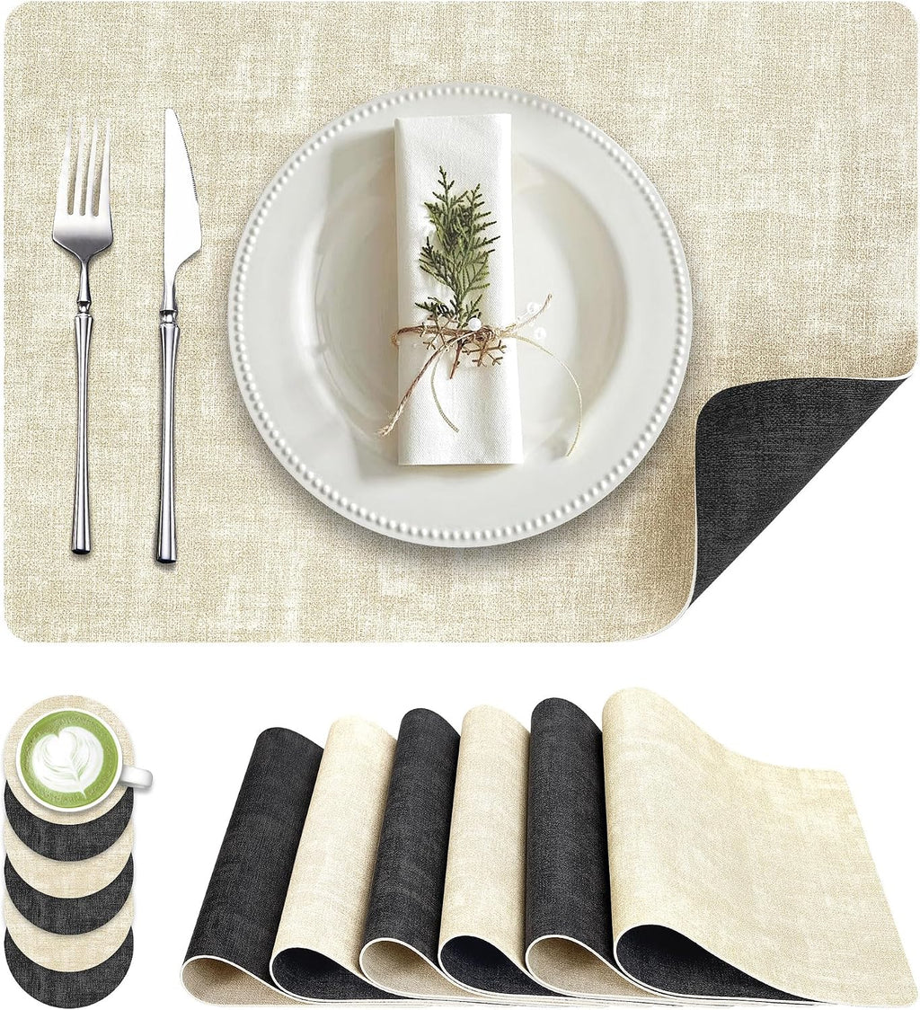 Fyvva Placemats Set of 6 Wipeable Reversible Faux Leather with Coasters