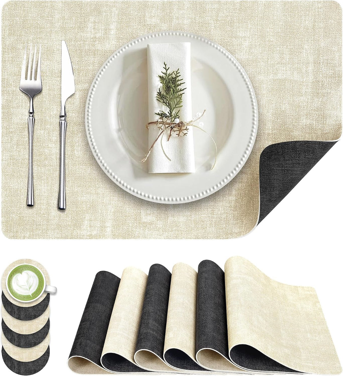 Fyvva Placemats Set of 6 Wipeable Reversible Faux Leather with Coasters