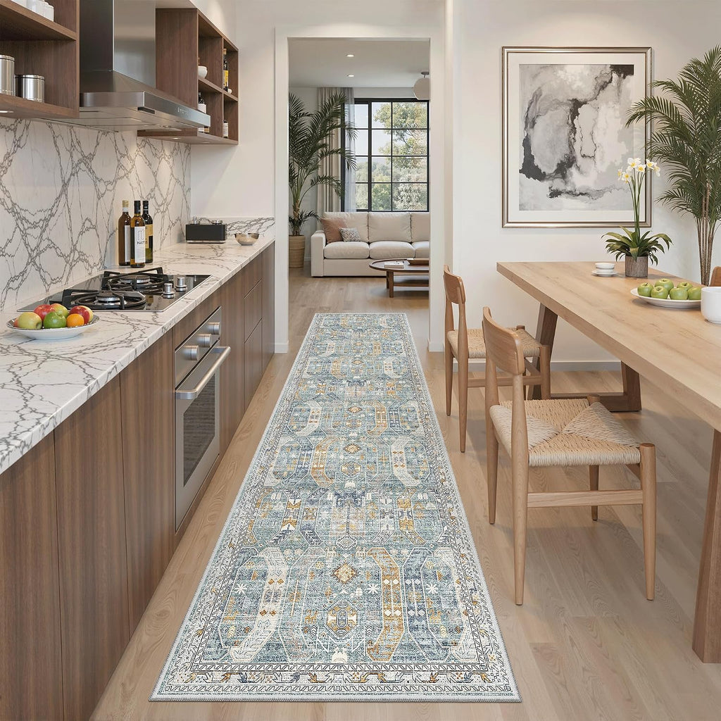 Madane Hallway Runner Rug 2x8 Washable Kitchen Rugs Non-Slip, Blue/Gold