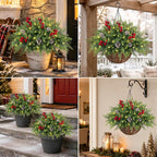 Artificial Cedar Christmas Hanging Baskets for Outdoor with Berry & PineCones, Winter Hanging Baskets with Lights, Artificial Xmas Greenery for Front Porch Patio Outside Urn Fillers Winter Decor