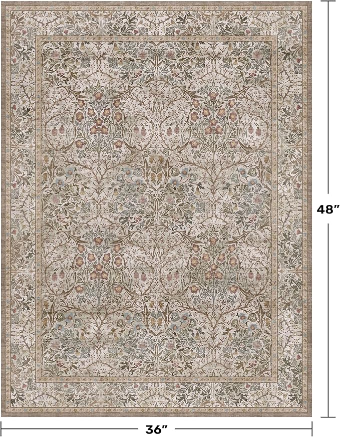 Vintage Moss Green Entryway Rug, 3x4 Washable Area Rugs - Image 2