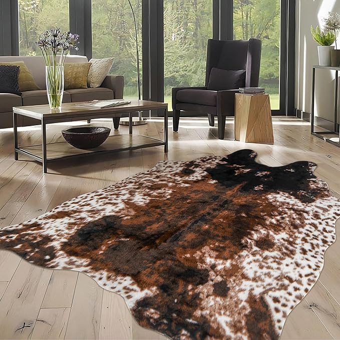 Cow Print Faux Cowhide Rug, Fluffy Fur 6.2x8.2 Feet Washable Cow Rugs by WARMHAVEN